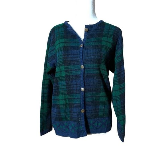 Vintage Victoria Jones Petites Plaid Cardigan Green & Black Size PM - Picture 1 of 9